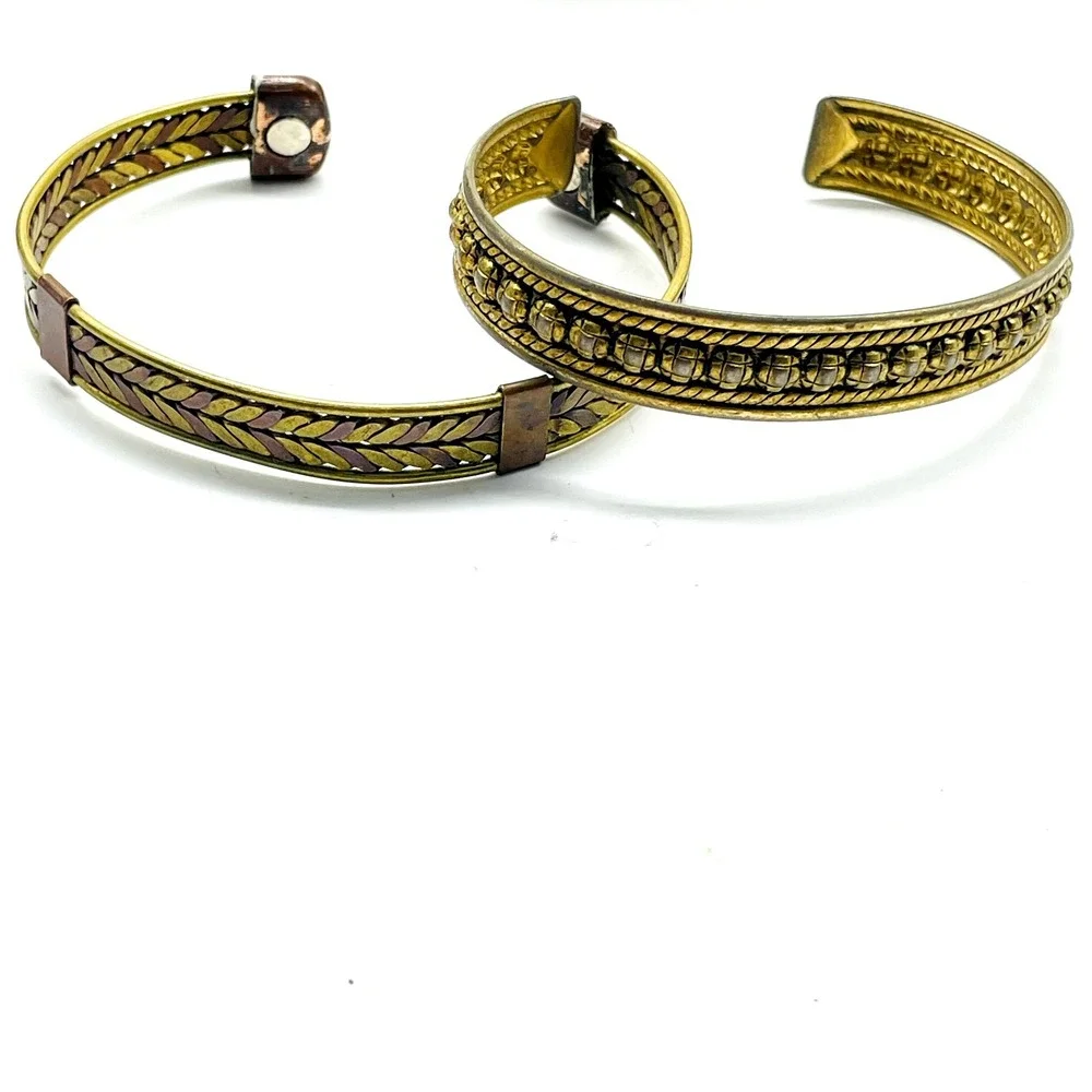 Vintage Gold Tone Cuff Bracelet Lot of 2 Etched Open Bangle Boho Statement